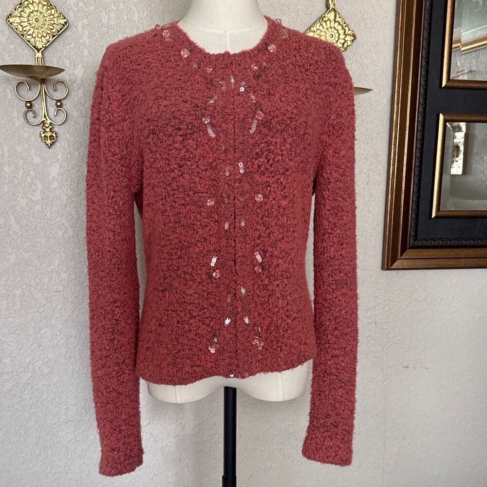 Nellik Vintage Women's Cardigan Size L Pink Soft Knit Beaded Details Long Sleeve